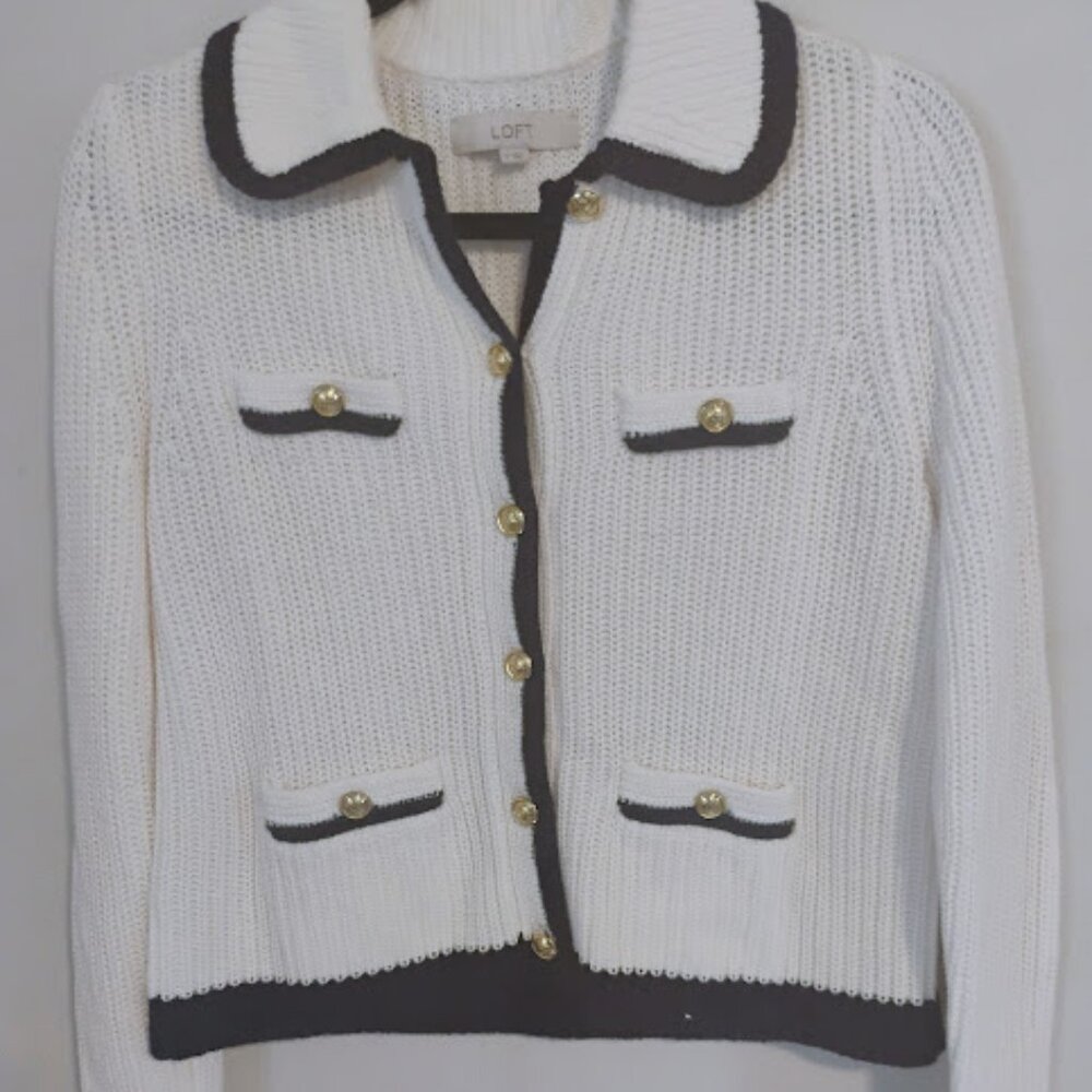 LOFT White Knit Cardigan with Black Trim & Gold Buttons in Size M